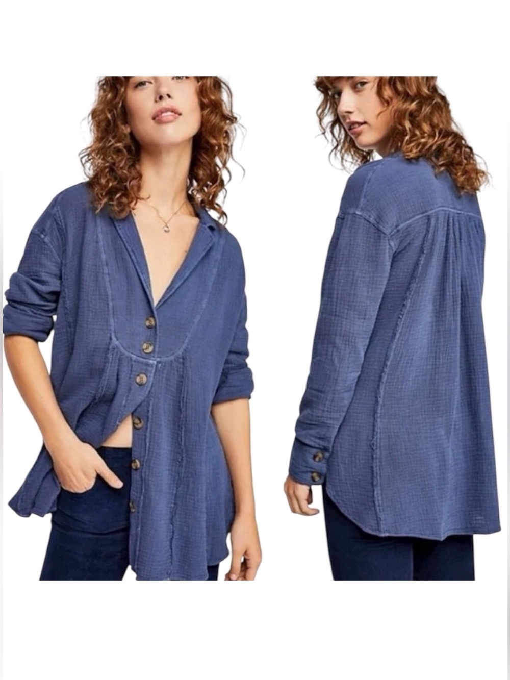 Free People All About the Feels Oversized Blue Gauze Button Down Top Sz S